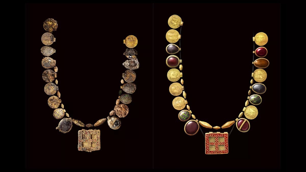 Gold-and-garnet cross necklace found buried with wealthy medieval British woman