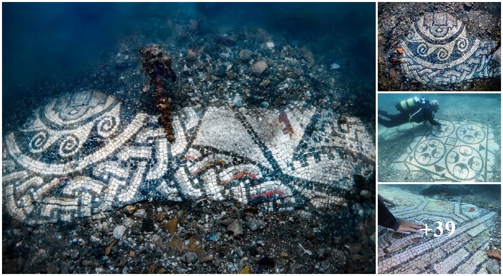 Ancient mosaic unearthed amidst the ruins of a submerged Roman town.